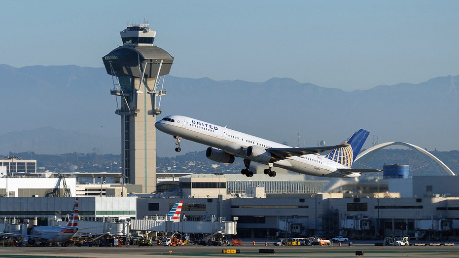 A United Airlines jet takes off from Los Angeles International Airport.