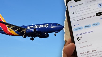 A split image of a Southwest Airlines plane and the "6 7" meme on a phone. - Fox Business News