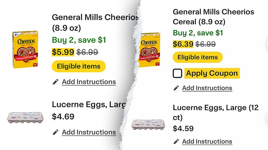 Split-screen graphic shows two online grocery listings comparing prices for Cheerios cereal and Lucerne eggs.