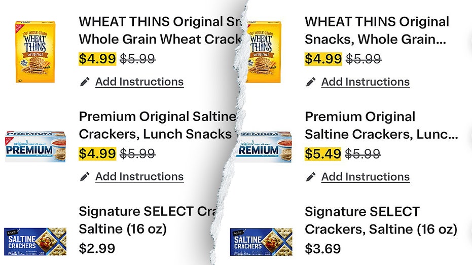 Split-screen graphic shows identical cracker products listed at different sale prices.