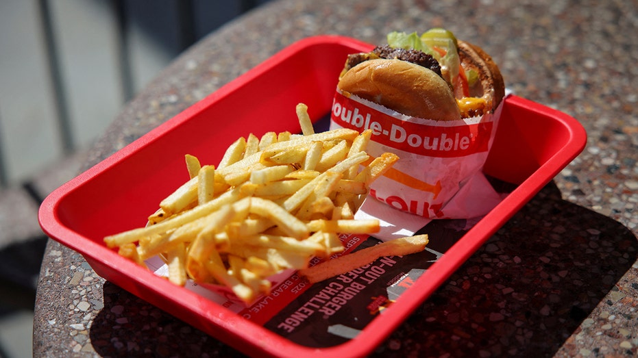 A hamburger and fries are pictured at In-N-Out Burger outlet in Los Angeles