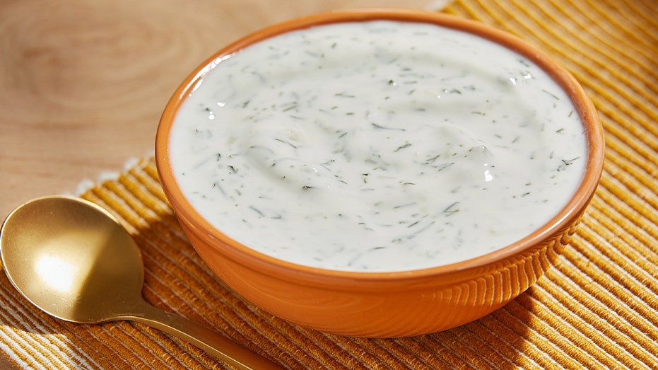 ranch salad dressing in orange bowl