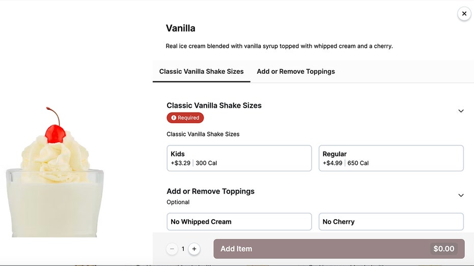 A screenshot of Steak ’n Shake’s online ordering menu shows a regular vanilla shake