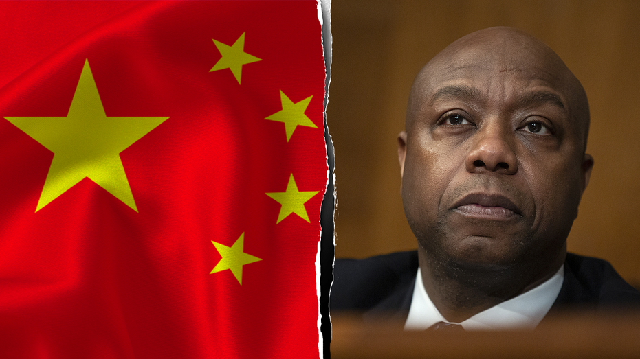 China flag pictured next to Senator Tim Scott