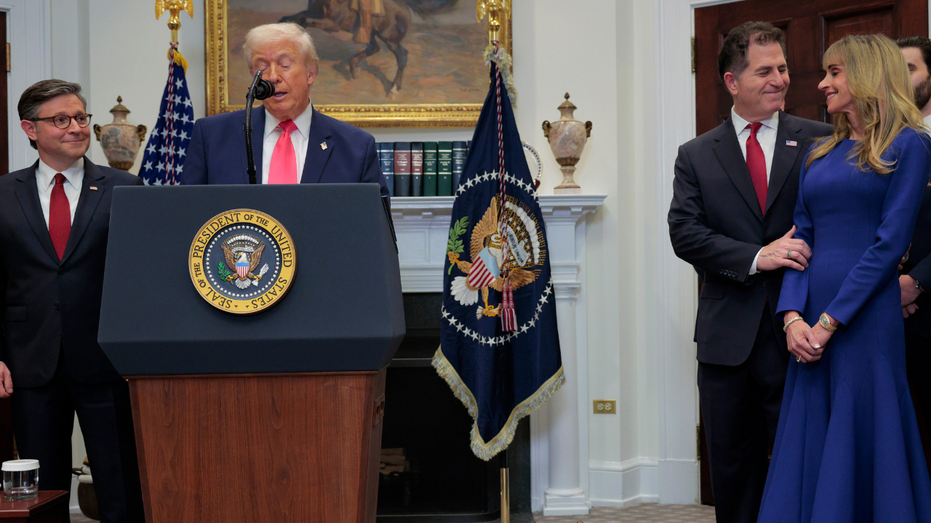 U.S. President Donald Trump is joined by tech billionaires Michael Dell and his wife Susan Dell while making an announcement about "Trump accounts" at the White House on December 02, 2025 in Washington, DC.