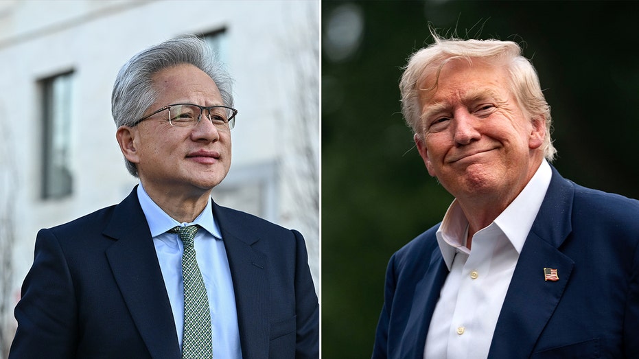 split photo of jensen huang and donald trump in suits