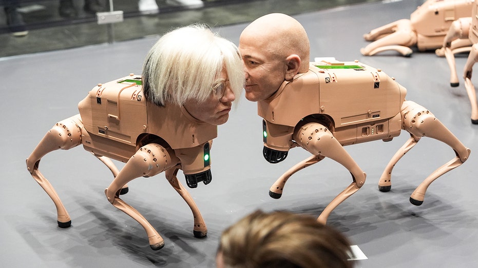 Andy Warhol and Jeff Bezos as robot dogs