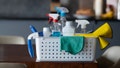 Close-up on a basket of cleaning products on the table at a house - hygiene concepts - Fox News