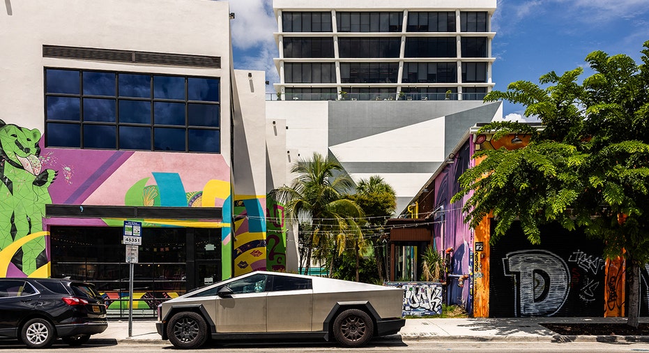 Tesla Cybertruck parked outside Wynwood building