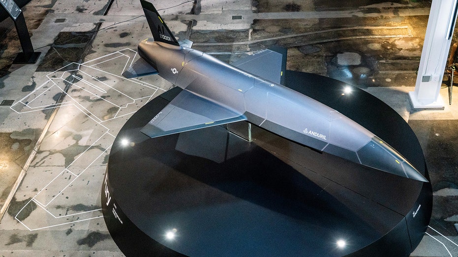 A model of Anduril's YFQ-44, an unmanned combat aerial vehicle.