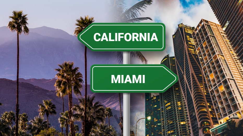 California and Miami skylines with moving signs