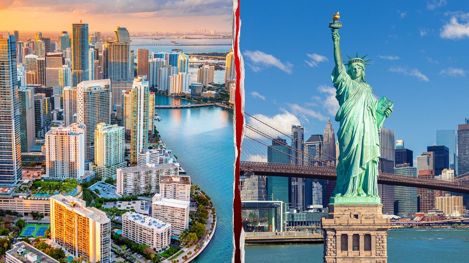 Miami and New York skylines with broken template