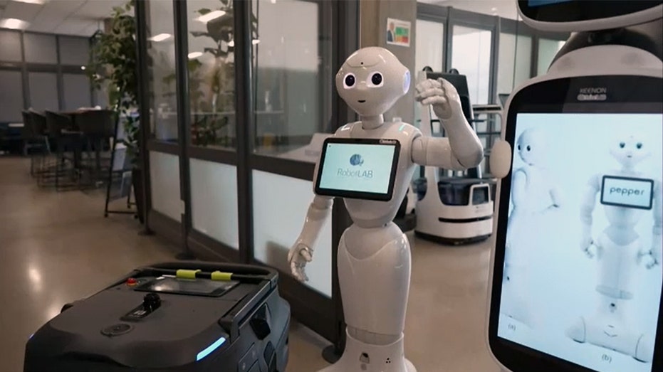 A humanoid robot waving