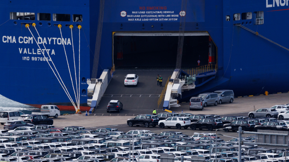 Hyundai Motor Co. vehicles drive into a vehicle carrier cargo ship at a port near the company's Ulsan plant in Ulsan, South Korea, on Sunday, March 30, 2025.