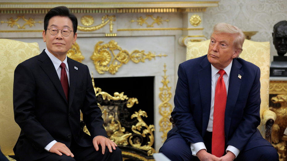U.S. President Donald Trump and South Korean President Lee Jae-myung talk to reporters before an Oval Office meeting at the White House.