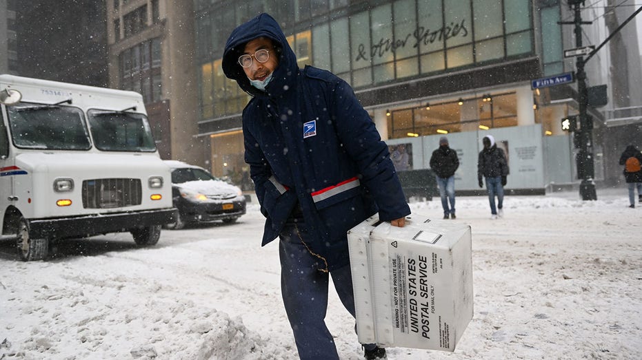 A US Postal Service carrier in a snowstorm