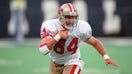Tight end Brent Jones (84) of the San Francisco 49ers runs with the football after catching a pass during a game against the Indianapolis Colts at the RCA Dome on Oct. 15, 1995 in Indianapolis, Indiana.   - Fox Business News
