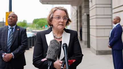 Abigail Slater, US assistant attorney general for the Antitrust Division, center, and Todd Blanche, US deputy attorney general, right, speak to members of the media outside federal court in Washington, DC, US, on Monday, April 21, 2025. Google will square off against the Justice Department and dozens of state attorneys general in a Washington court room over what changes the judge will order to prevent the company from monopolizing the online search market. Photographer: Kent Nishimura/Bloomberg via Getty Images - Fox Business News