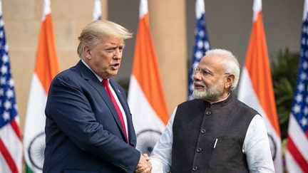 FILE-U.S. President Donald Trump and Indian Prime Minister Narendra Modi shake hands before their meeting at Hyderabad House, Feb. 25, 2020, in New Delhi, India. (AP Photo/Alex Brandon, file) - Fox Business News