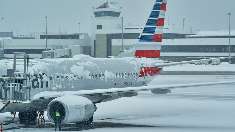 American Airlines plane covered in snow