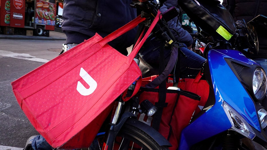 A Doordash delivery bag is seen in Brooklyn, New York City