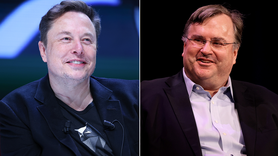 A side by side photo showing Elon Musk and Reid Hoffman as the two tech titans trade barbs on social media.
