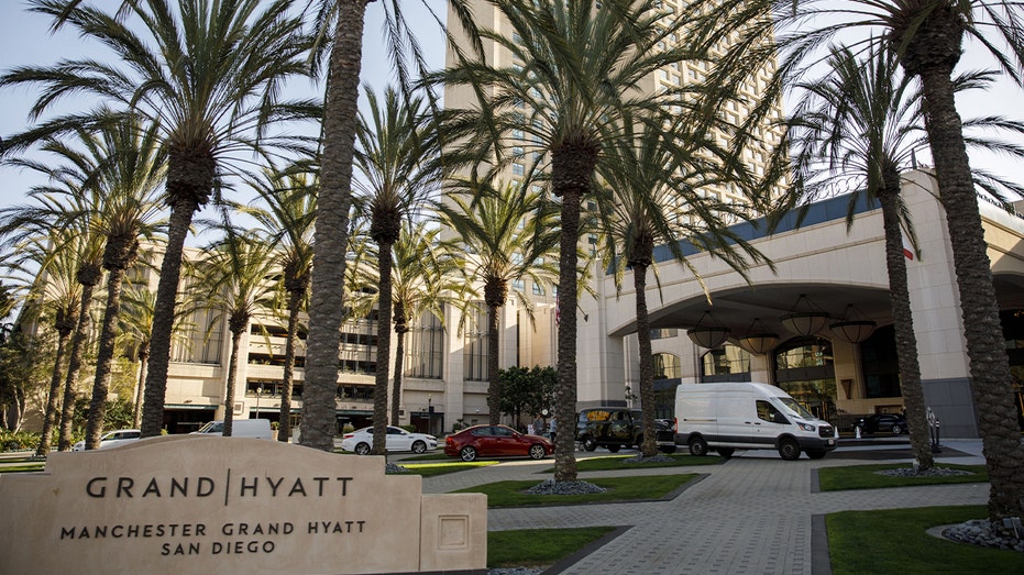hyatt hotel with palm trees