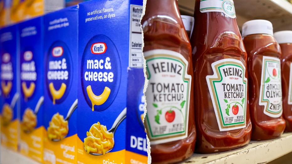 Kraft Mac and Cheese and Heinz ketchup on grocery shelves
