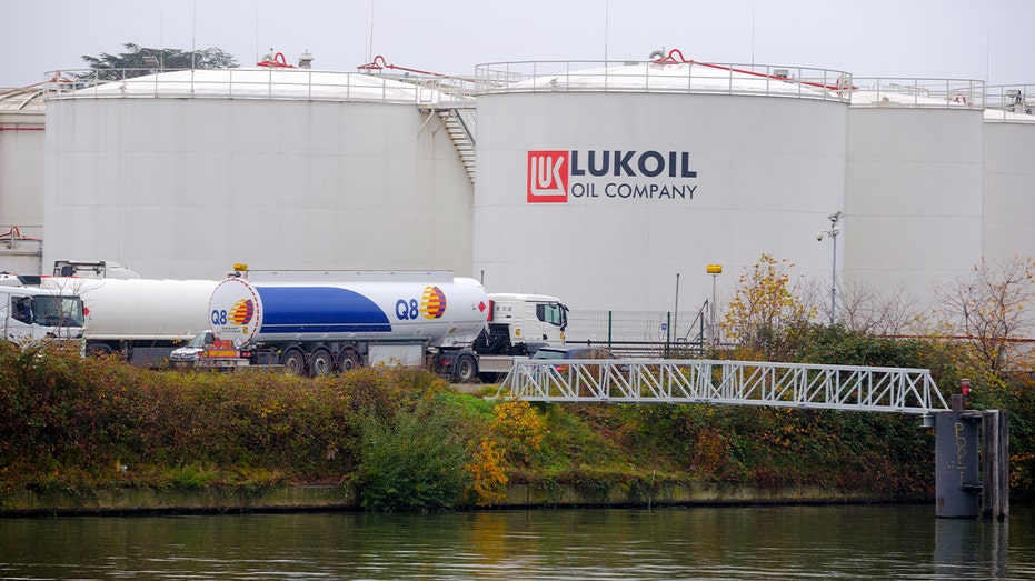 Tanker trucks parked near the PJSC Lukoil Oil Company tank storage facility in Brussels, Belgium.