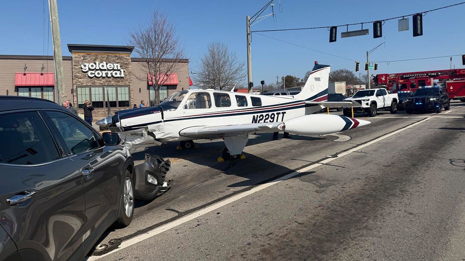 Small white plane stopped in the roadway after striking a dark SUV near a Golden Corral restaurant.