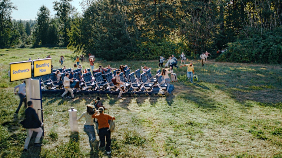 People running to sit in chairs in the middle of a field