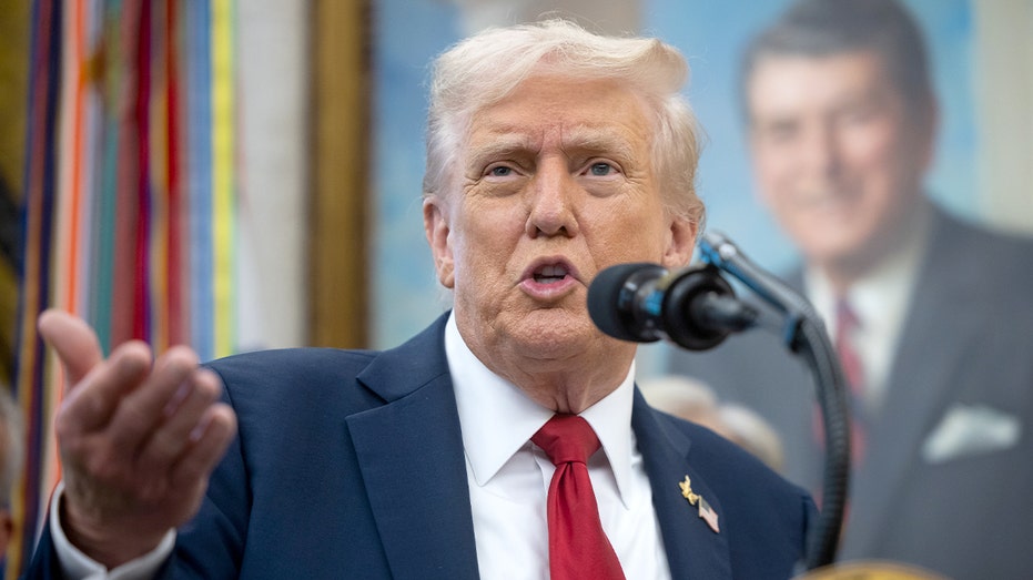 Donald Trump speaks in the Oval Office of the White House.