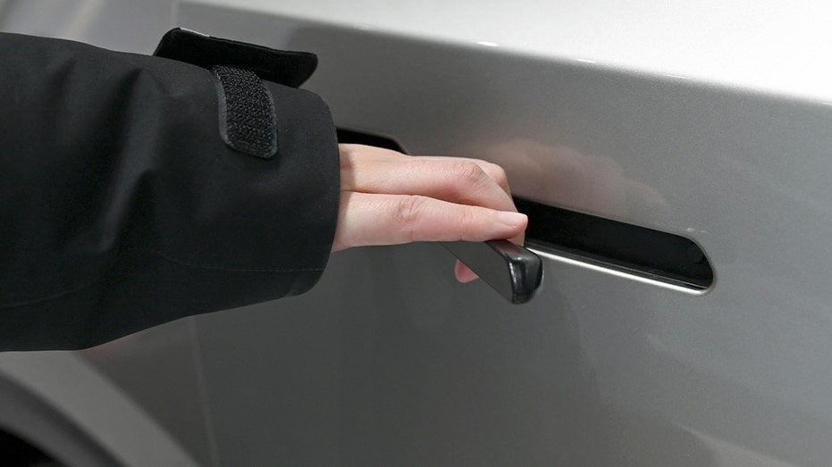 Woman opens a Tesla door