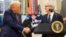 Apple CEO Tim Cook (right) shakes hands with U.S. President Donald Trump during an event in the Oval Office of the White House on August 6, 2025. - Fox Business News