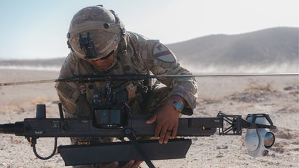 A solider checks an Anduril Industries Inc. Ghost-X reconnaissance drone at the National Training Center (NTC) in Fort Irwin, California, US, on Friday, Nov. 7, 2025. - Fox Business News