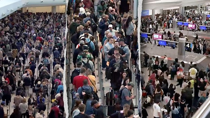 Travelers experienced extensive wait times Sunday, March 22, 2026, at Louis Armstrong New Orleans International Airport (left, middle) and Hartsfield Jackson Atlanta International Airport (right) due to the partial government shutdown. - Fox Business News