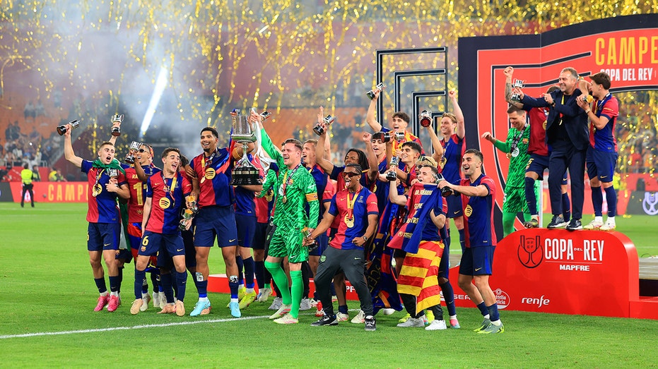 FC Barcelona celebrates a win on the futbol field