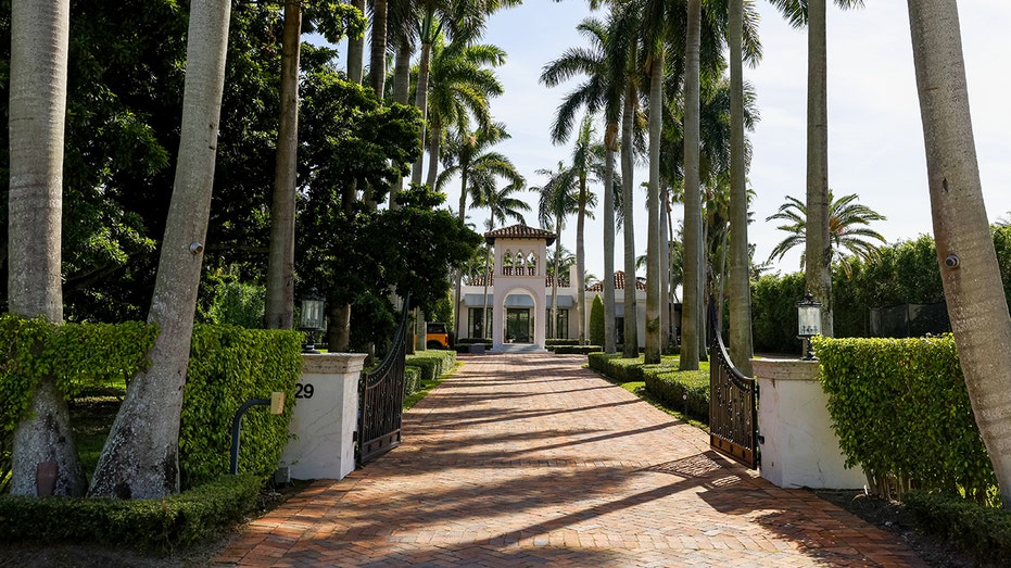 Palm trees line up to luxury home