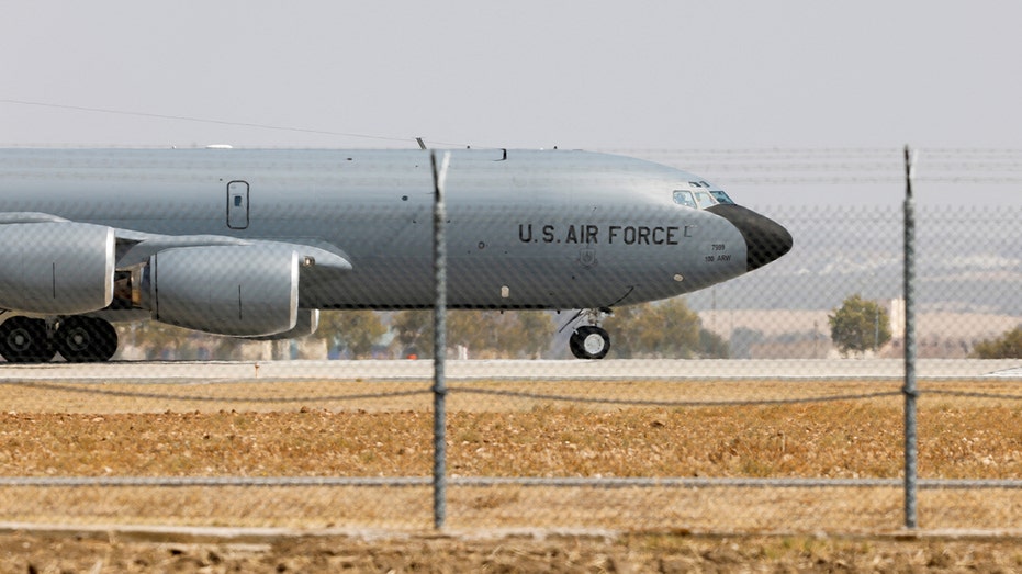 A U.S. Air Force KC-135 Stratotanker moves along the runway at Moron Air Base in southern Spain.