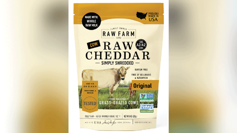 package of shredded raw cheddar cheese by RAW FARM