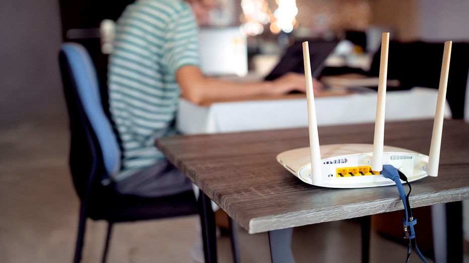 Internet router on a table.