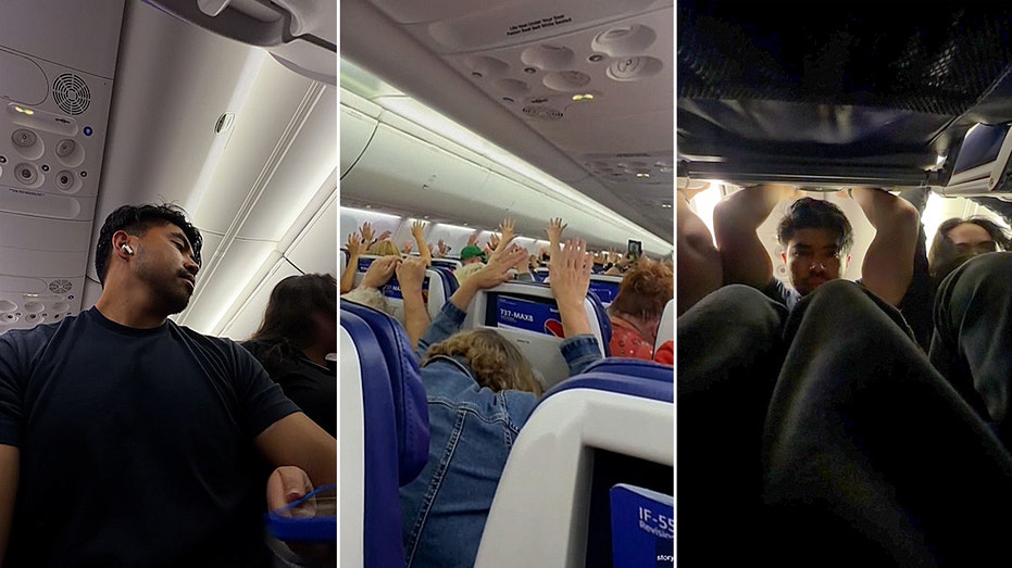 split image of passengers putting hands up and heads down inside plane