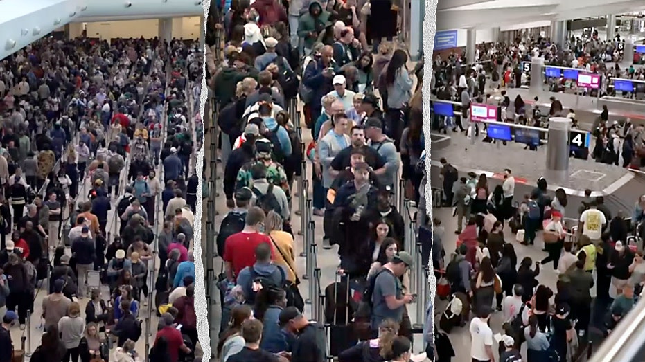 Three different scenes of long TSA lines are shown side by side.
