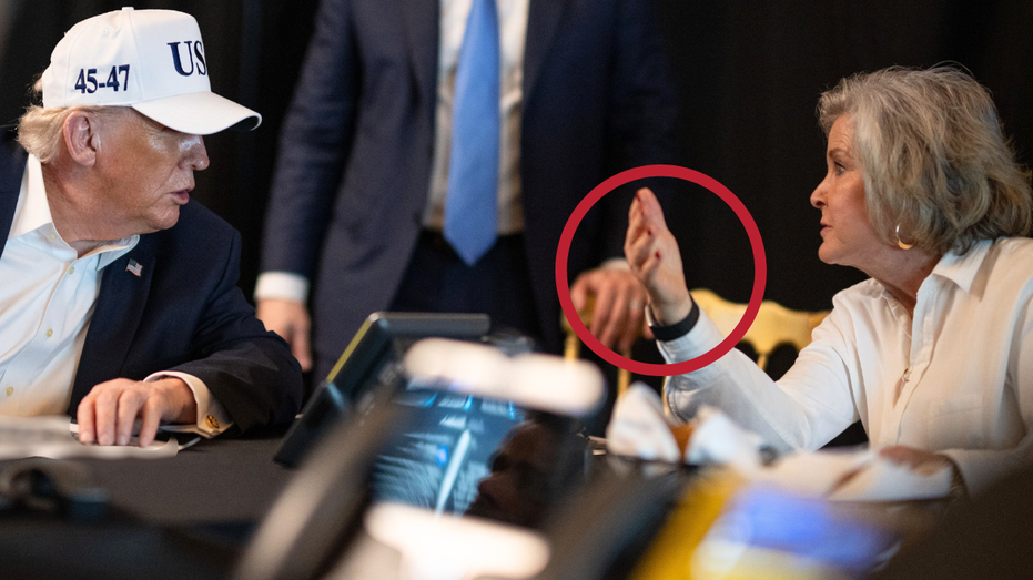 President Donald Trump is seen speaking to Susan Wiles at Mar-a-Lago, Palm Beach, Florida during Operation Epic Fury.