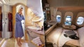This split image shows an Emirates first-class shower spa, left, and a private suite with a fully flat bed, right. - Fox News