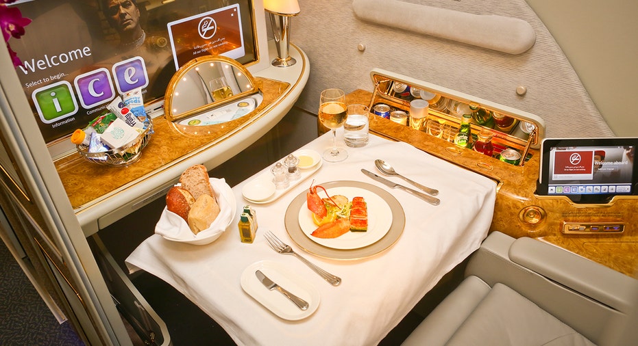 An Emirates first-class meal setup