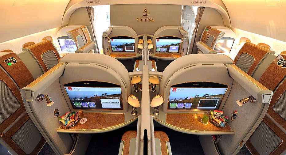 First-class suites are seen inside an Emirates Airbus A380