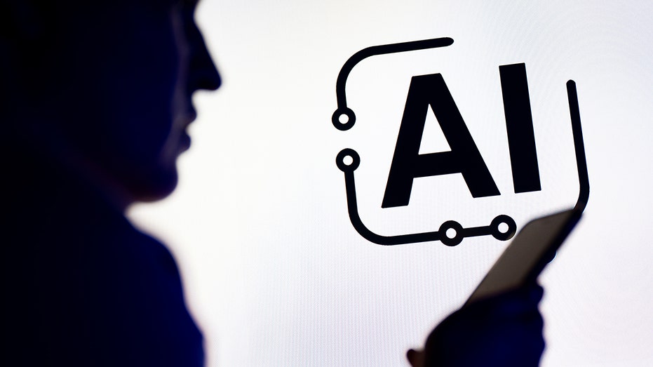 Person uses phone in front of AI logo