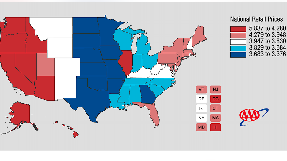 the united states map of AAA fuel prices