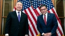 House Speaker Mike Johnson, R-La., right, greets Alexander Yui, Taiwan's representative to the U.S., before a meeting in the U.S. Capitol on Tuesday, Jan. 9, 2024. - Fox Business News